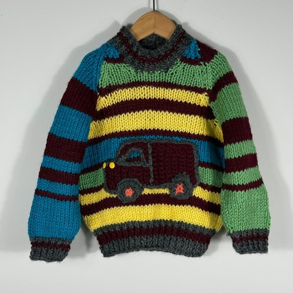 Vintage Handmade Kids Chunky Knit Striped Sweater Truck Applique Multi-Color